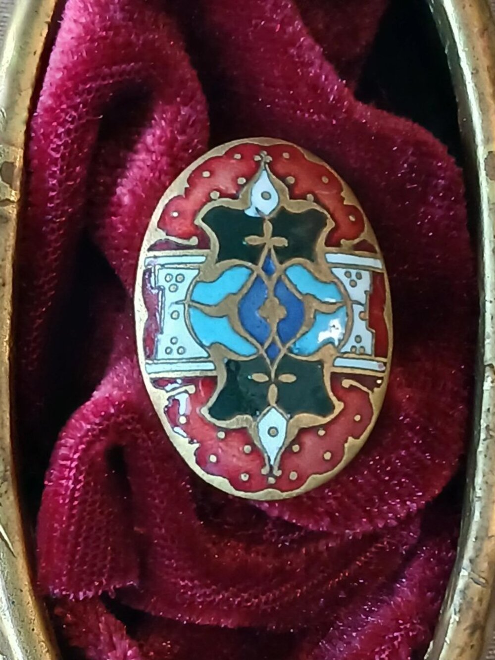 Antique French Champlevé Enameled Brass Button: Red, White & Blue, 1800s